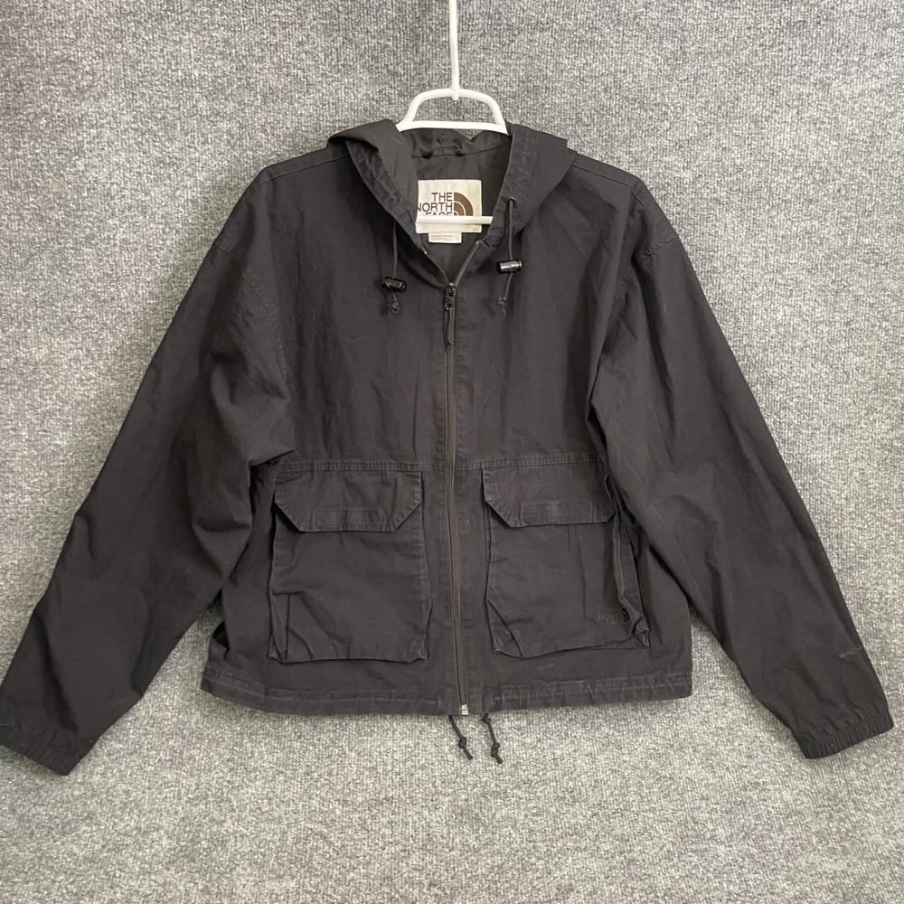 The North Face WindWall Jacket Womens Sz L Black Hooded Cargo Utility Coat
